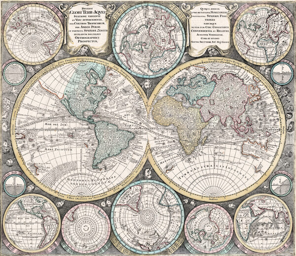 Antique World Map 1740 — Seutter, Diversi Globi Terr-Aquei