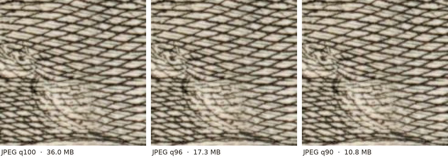 Dense cross-hatching in the clouds, Vaugondy 1752: quality 100, 96 and 90 at 3× enlargement.