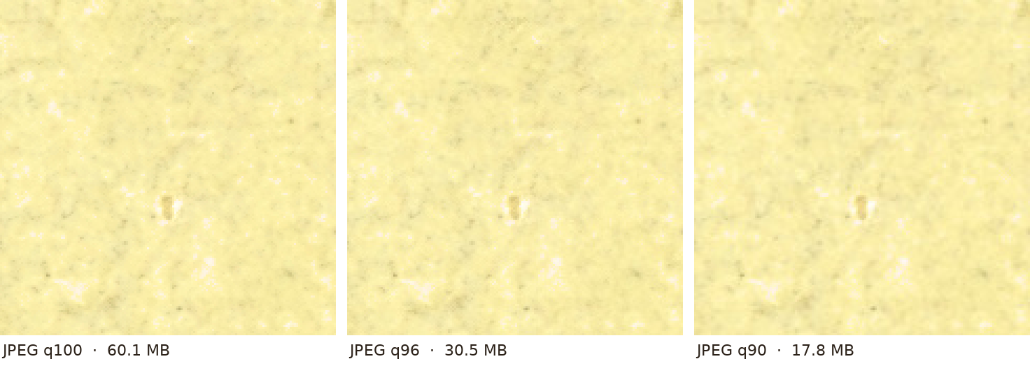 Paper grain under a pale yellow wash — the hardest case for JPEG: quality 100, 96 and 90.
