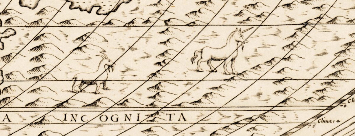 Im südlichen TERRA INCOGNITA gehen eine Ziege und ein Einhorn zwischen den Hügeln des unbekannten Südkontinents umher.