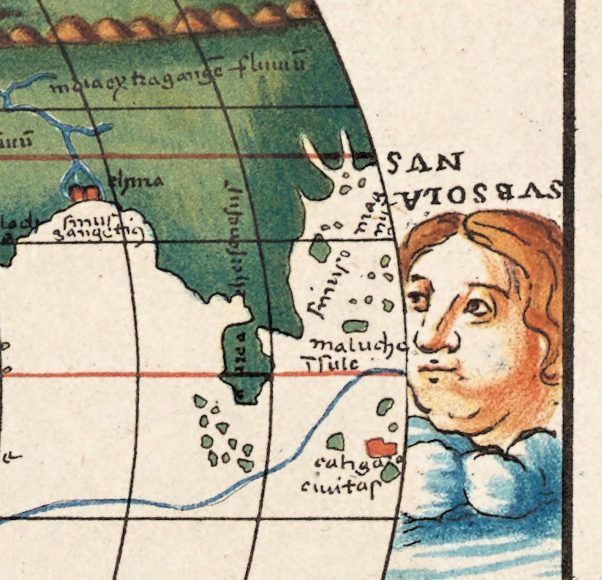 The eastern edge of the oval: the blue route reaches the Moluccas, labeled maluche, beside the wind head of Subsolanus.