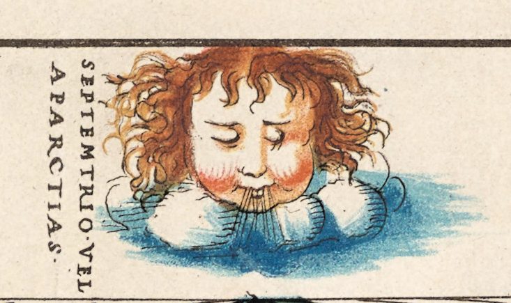 The north wind at the top of the frame, SEPTEMTRIO·VEL APARCTIAS·, one of twelve wind heads around the map.