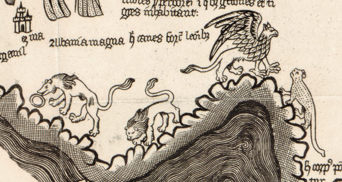 Albania magna, with beasts and a griffin on the mountains; in Nordenskiöld’s translation the legend says that here are dogs stronger than lions.