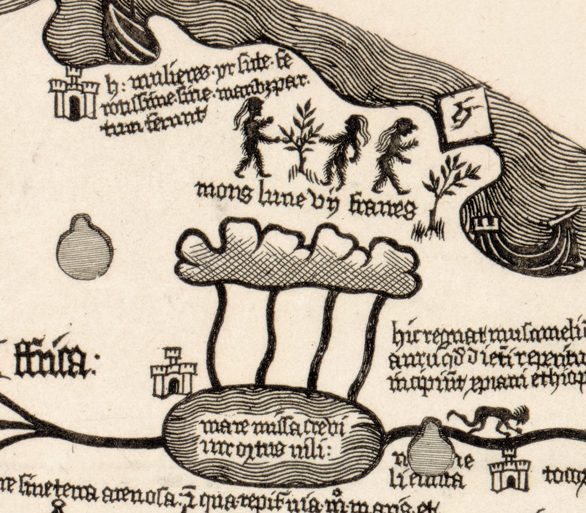 The mons lune, the Mountains of the Moon, with four streams running into a lake whose legend names the Nile.