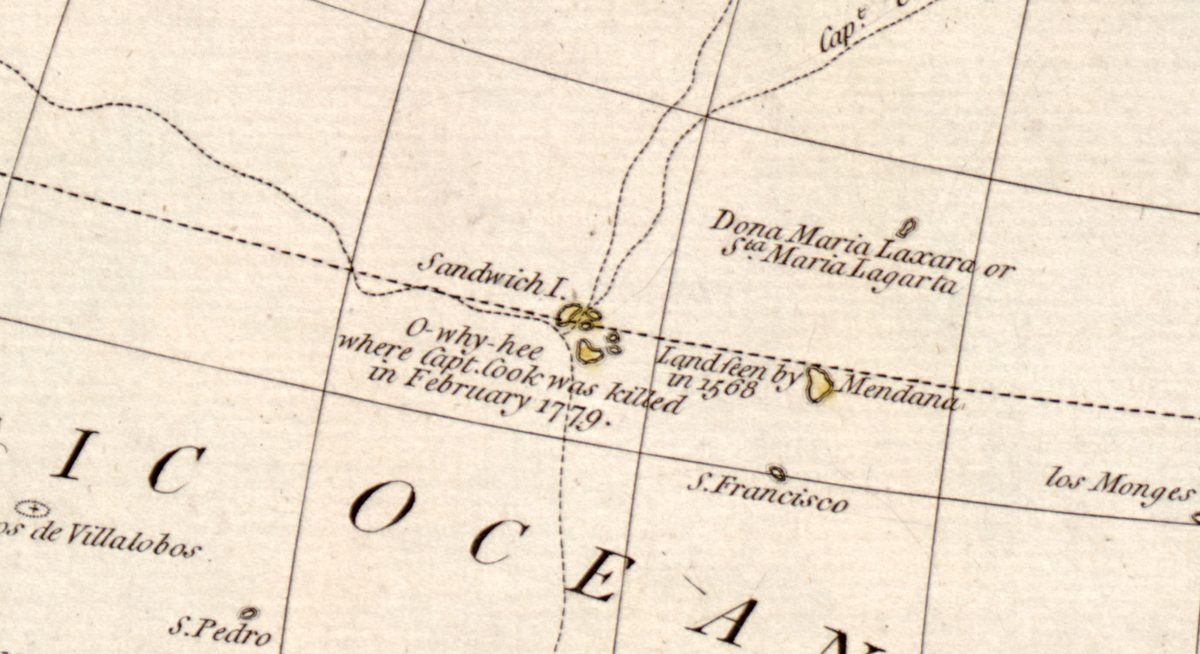 Owhyhee, where Captain Cook was killed in 1779, on Bowles’s world map of about 1780