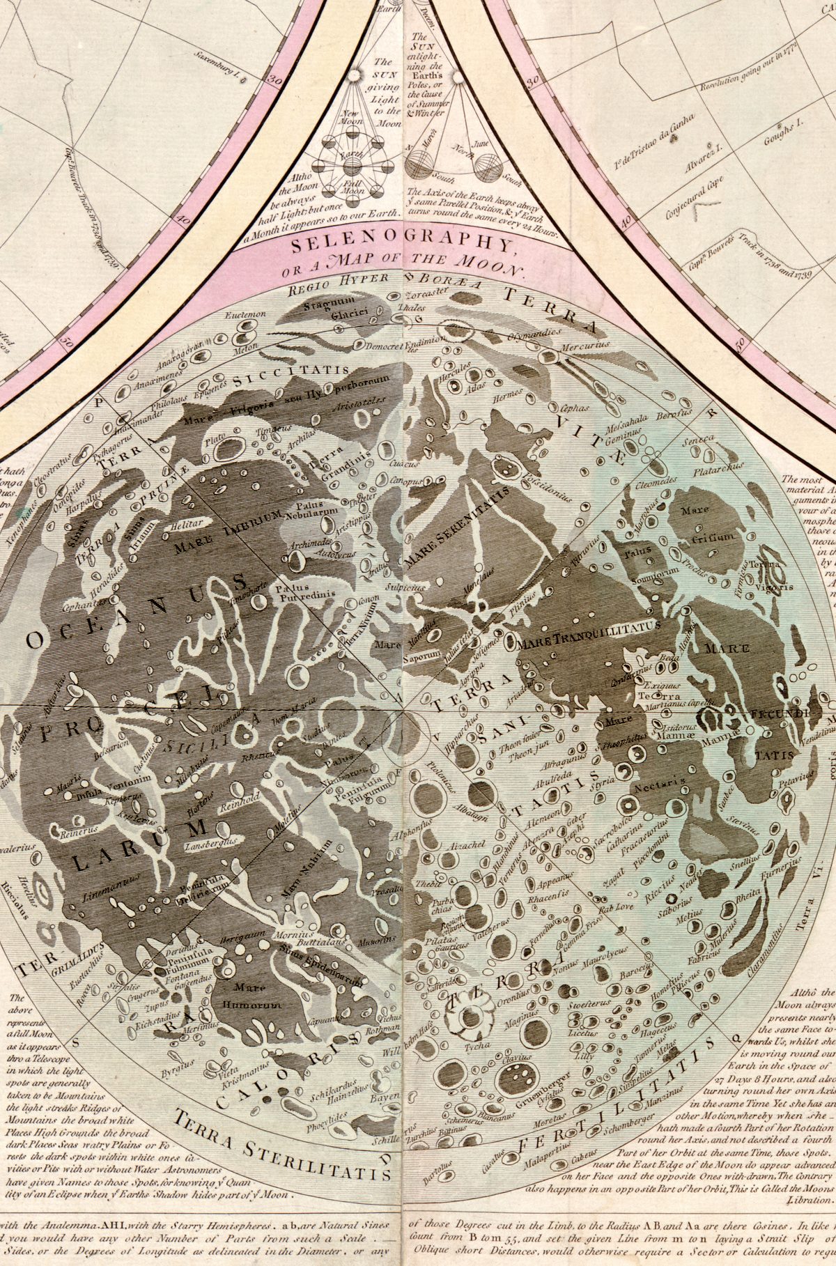 SELENOGRAPHY: the map of the Moon set between the two hemispheres, with its Latin seas and named craters.