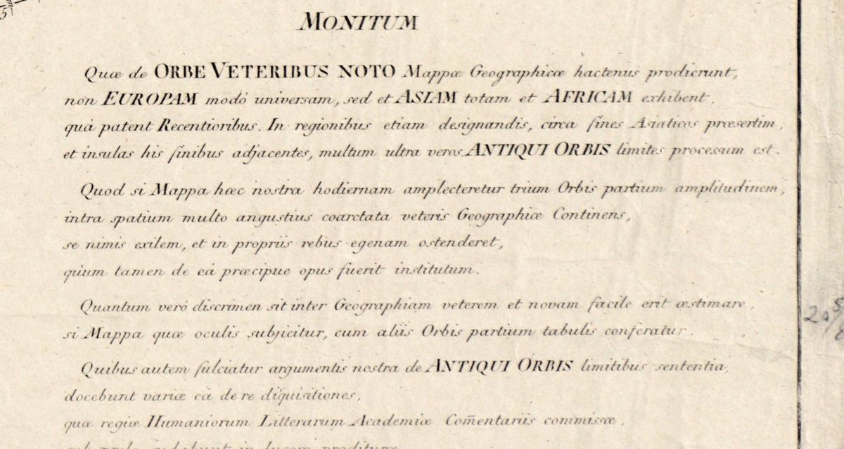 Monitum, lower right: d’Anville explains why his map stops at the limits of the ancient world.