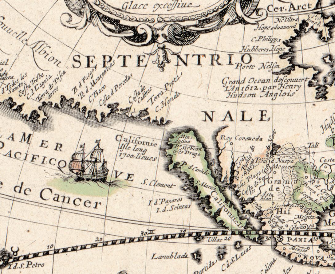 California as an island — Californie Isle long 1700 lieues — with a ship in the Pacific to its west.