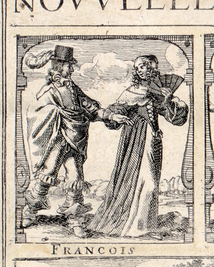 Top left of the border: the French couple, captioned Francois — the first of the twelve peoples around the map.