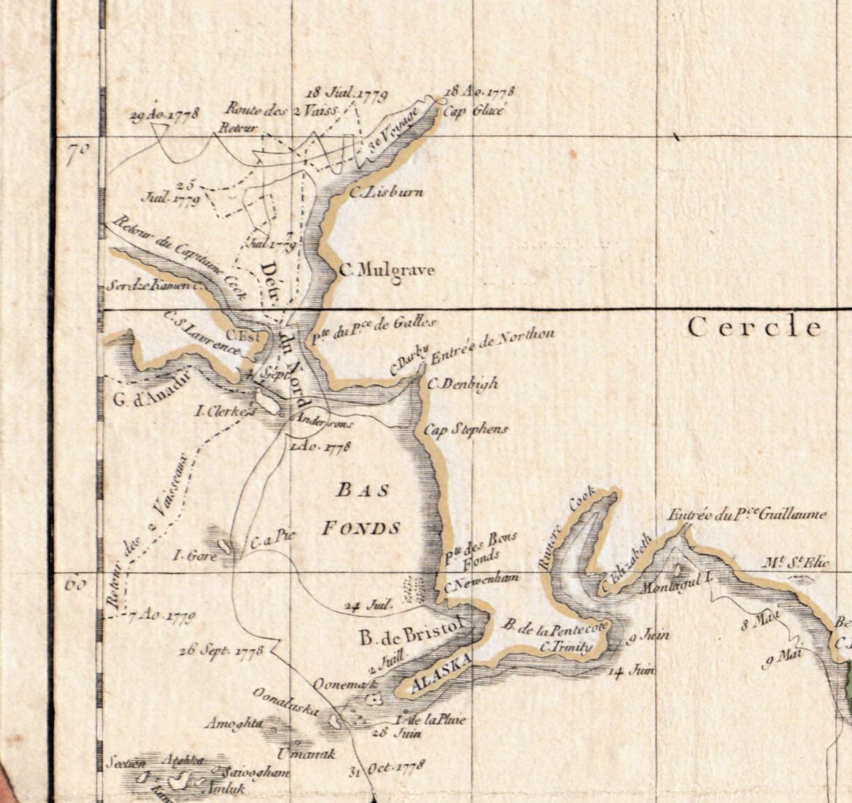 W lewym górnym rogu: cieśnina między Azją a Ameryką, z Cap Glacé i C. Lisburn, gdzie trzecia podróż zawróciła 18 sierpnia 1778 roku.