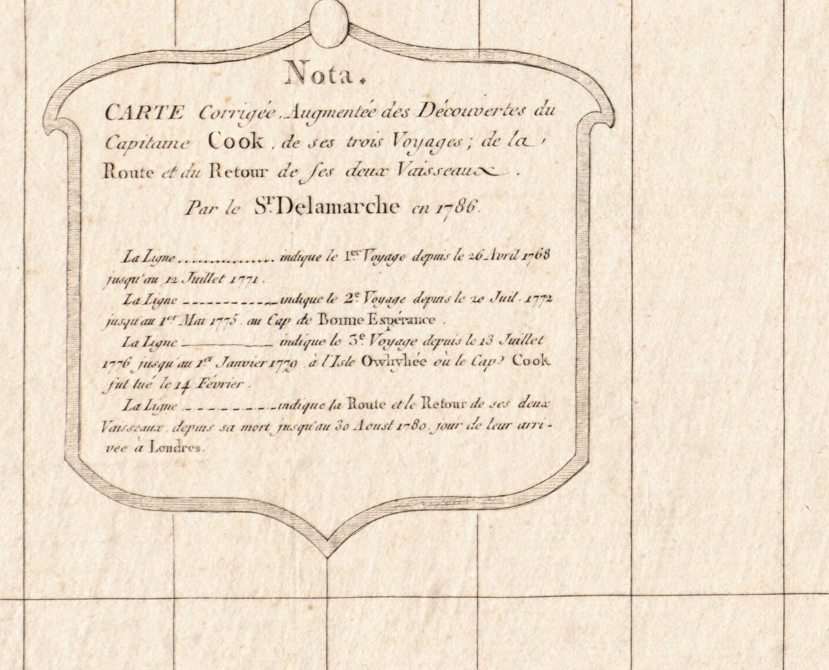 Kartusz Nota. w lewym dolnym rogu: „Par le S.r Delamarche en 1786”, z czterema liniami śledzącymi trzy podróże Cooka i powrót jego dwóch okrętów.