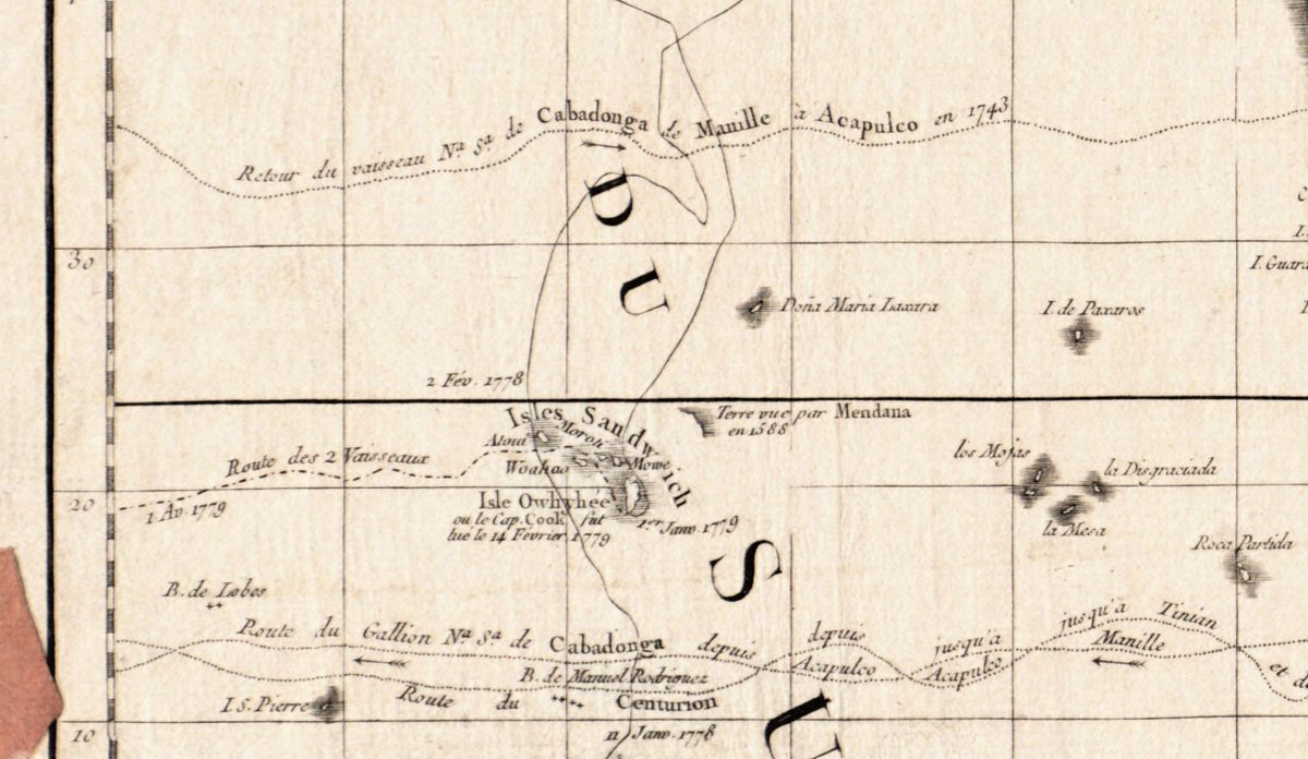 Isles Sandwich, z adnotacją Isle Owhyhée ou le Cap. Cook fut tué le 14 Fevrier 1779, a poniżej trasy galeonu manilskiego i okrętu Centurion.
