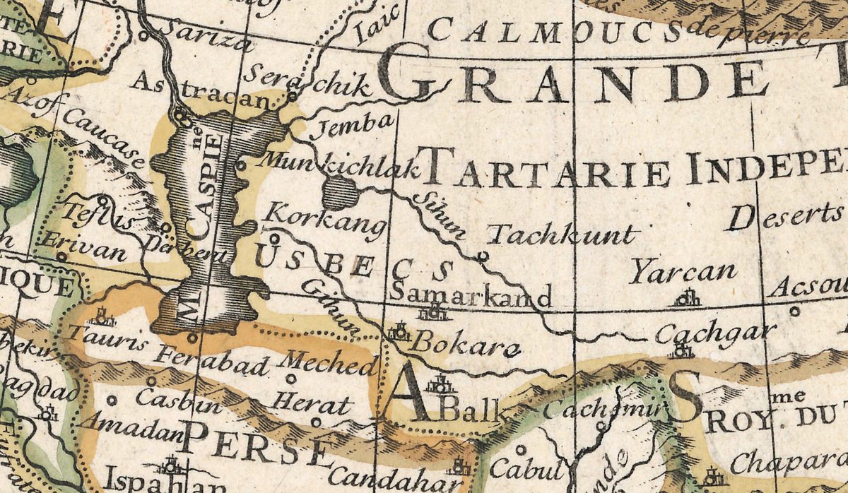 M. CASPIEne dibujado alto, de norte a sur, entre Astracan y Persia, con GRANDE TARTARIE, TARTARIE INDEPENDANTE y un lago sin nombre al este alimentado por el Sihun