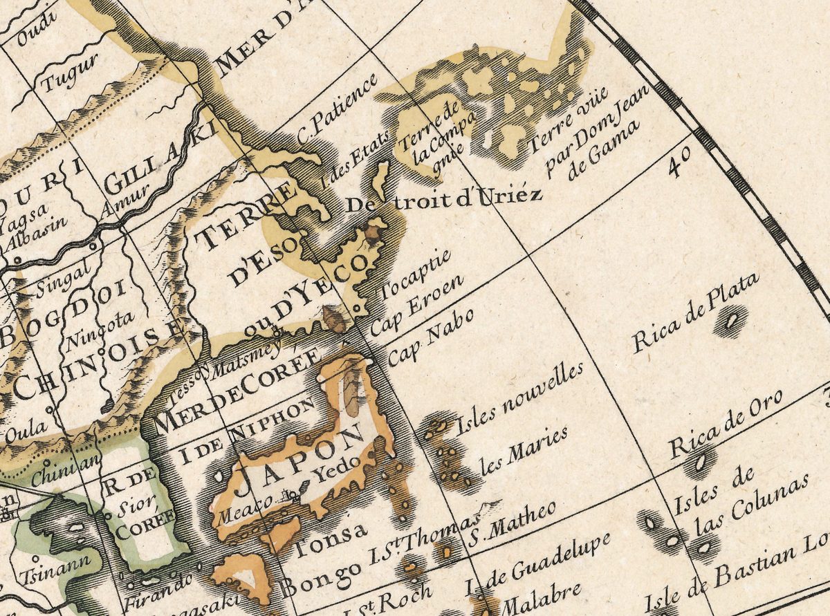Al norte de Japón: TERRE D'ESO ou D'YECO unida a Asia, Detroit d'Uriéz, Terre de la Compagnie y la tierra vista por Dom Jean de Gama, con MER DE COREE entre Corea y Japón