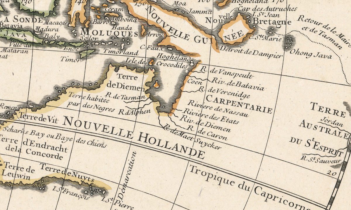 NOUVELLE HOLLANDE en fragmentos: Carpentaria con sus nombres neerlandeses de ríos, la costa norte rotulada Terre de Diemen, y la costa occidental desde Terre d'Endracht hasta Terre de Leuwin y Terre de Nuyts