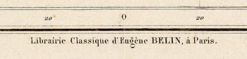 Onder het kader, in het midden: Librairie Classique d’Eugène BELIN, à Paris. De regel van de graveur, Gravé par Jenotte, staat linksonder, die van de drukker, Imp. Bréhier fr. Rue St André des Arts, 37, à Paris, rechtsonder.