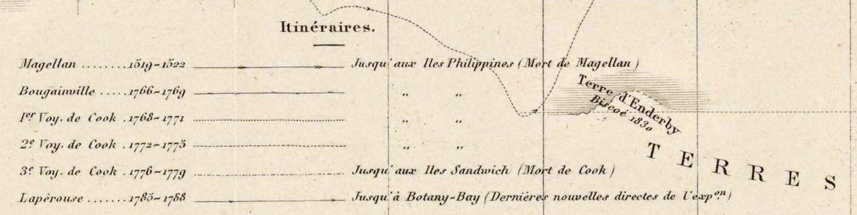 De legenda, Itinéraires, geeft elke reis een eigen soort lijn: Magellaan 1519–1522, tot aan de Filipijnen (Mort de Magellan); Bougainville 1766–1769; de drie reizen van Cook, de derde, 1776–1779, tot aan de Sandwicheilanden (Mort de Cook); en Lapérouse 1785–1788, tot aan Botany Bay (laatste rechtstreekse berichten van de expeditie).