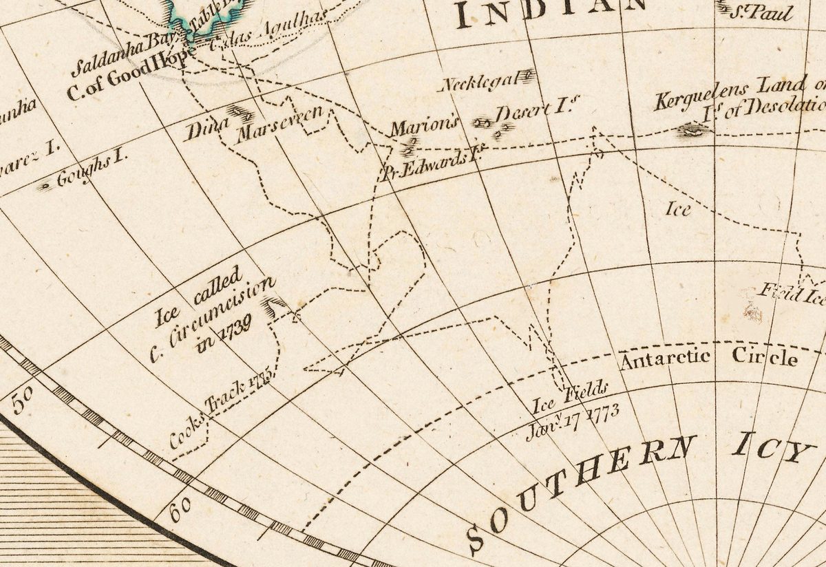 Below the Cape of Good Hope: Ice called C. Circumcision in 1739, Cook's track of 1775 and Ice Fields Jan.y 17 1773 at the Antarctic Circle.