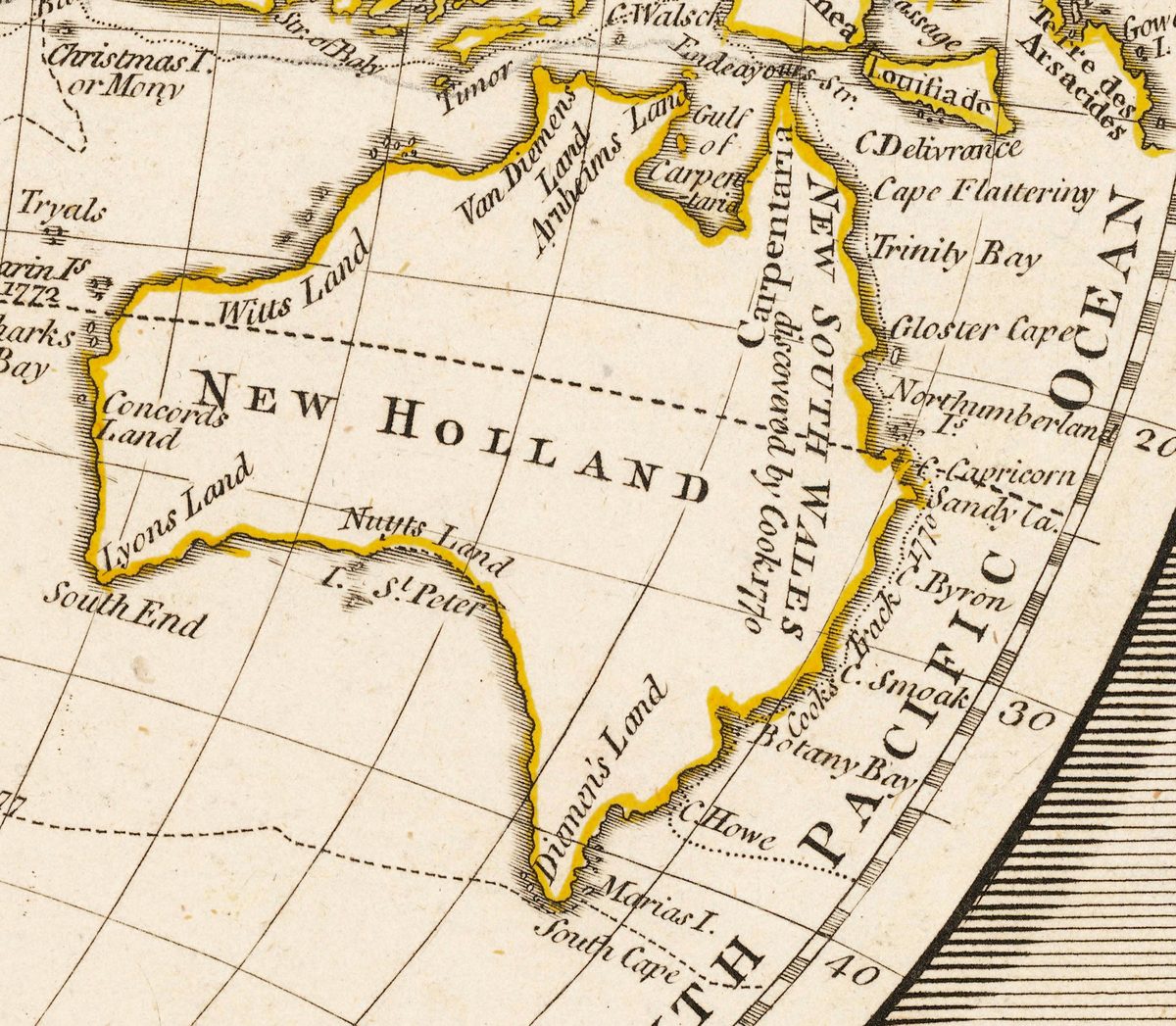 New Holland: New South Wales discovered by Cook 1770 along the east coast, with Botany Bay and Cook's track of 1770.