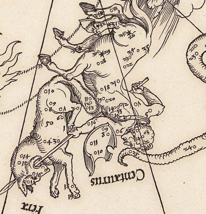 The Centaur and the Wolf, called Fera, with the catalogue numbers beside the stars.