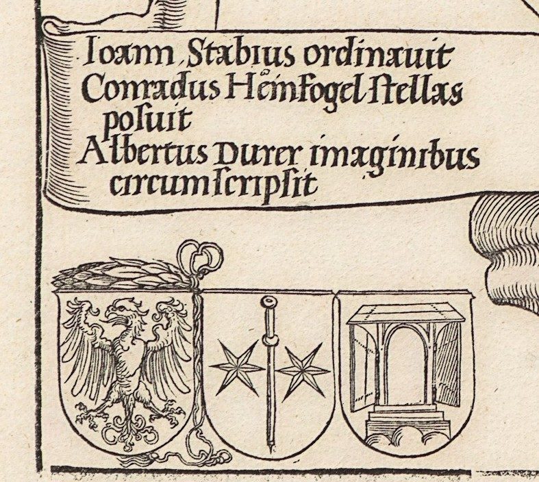 The three makers, lower left: Stabius arranged it, Heinfogel placed the stars, Dürer drew the figures.