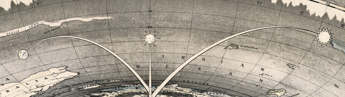 Arms rooted at the North Pole hold the Moon with its face, a central rayed light and the Sun like lamps over the INDIAN OCEAN.