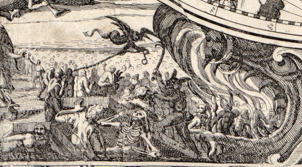 A devil hauling the damned toward the mouth of hell, from the Last Judgment on Geylekerck’s world map of 1618