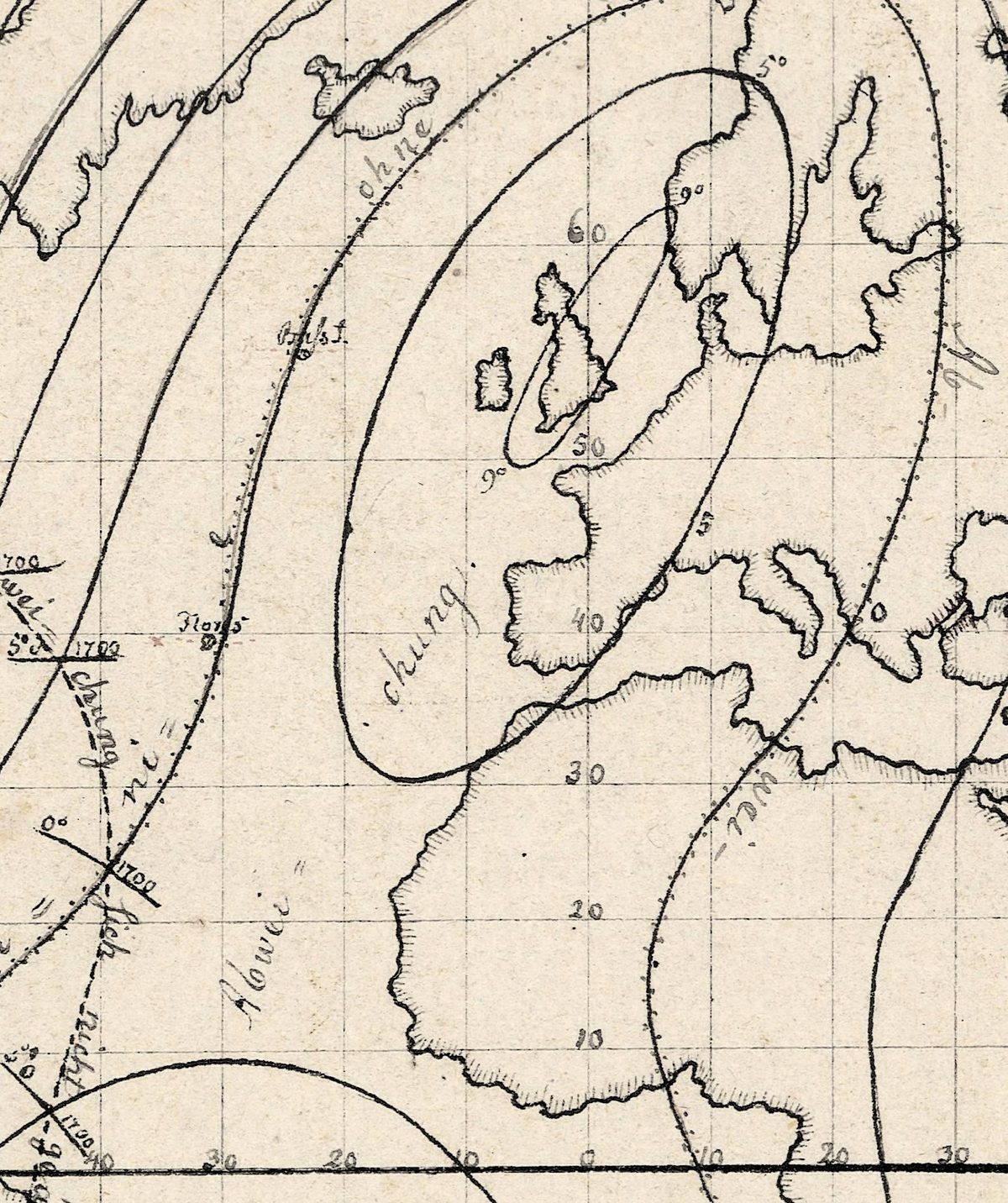 On the 1600 map: nested closed curves around the British Isles, the inner one marked 9°, and a dotted line through the Atlantic past Flores in the Azores.