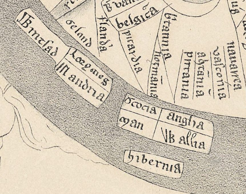 Las islas británicas en la banda del Océano: scocia, man, anglia, Gales e hibernia, con picardia y belgica en el continente, más arriba.