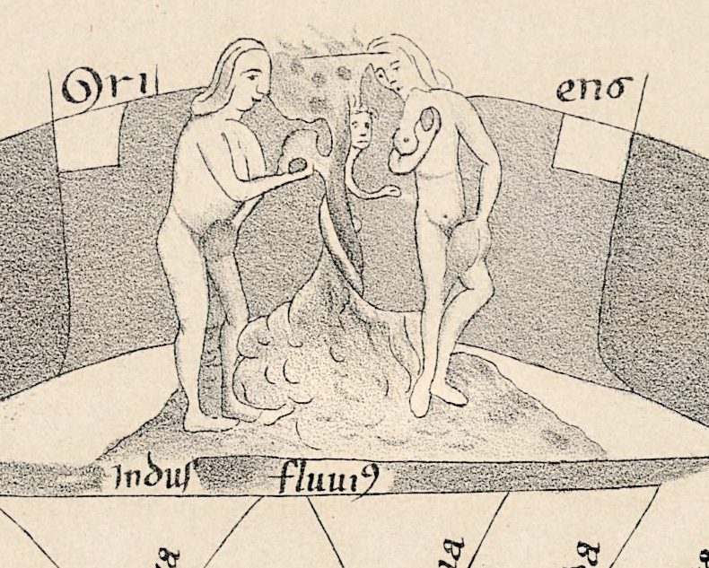 Adán y Eva en lo alto del óvalo, con una pequeña figura de rostro humano en el árbol entre ellos, bajo Ori y ens y sobre Indus fluui(us).