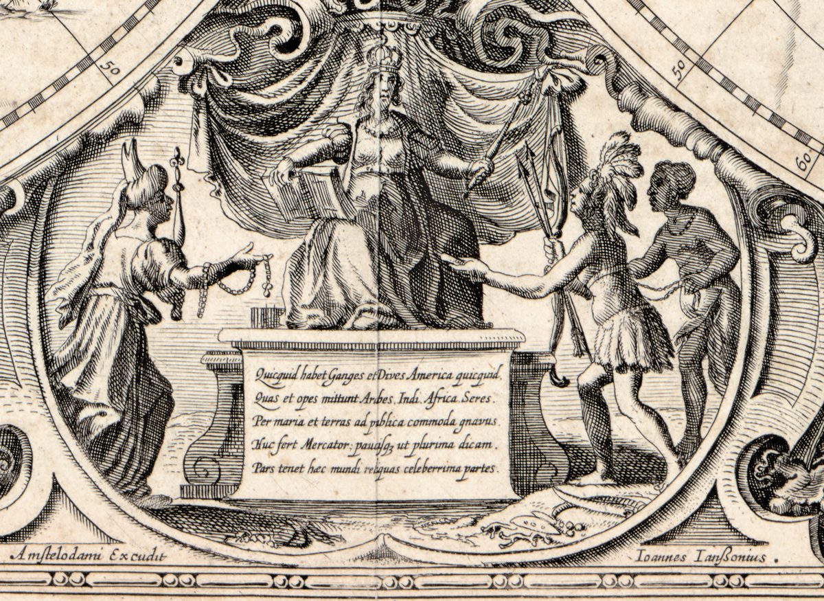 Die thronende Europa, der Asien, Amerika und Afrika Tribut zollen; darunter das Impressum Amstelodami Excudit … Ioannes Ianssonius.