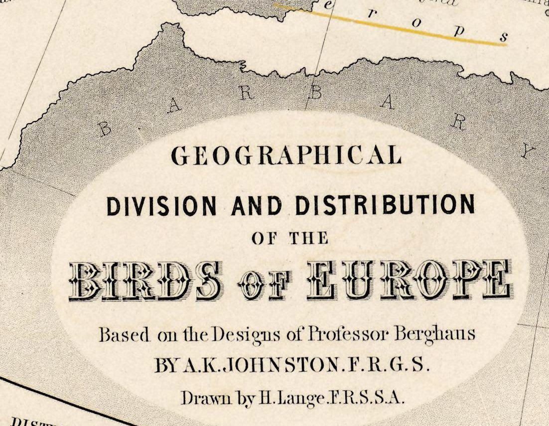 The title of the Europe map, Geographical Division and Distribution of the Birds of Europe, with its credits: Based on the Designs of Professor Berghaus by A. K. Johnston F.R.G.S. Drawn by H. Lange F.R.S.S.A.