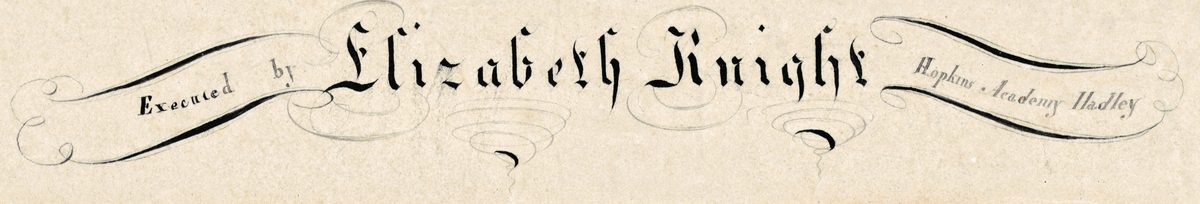 Onder de halfronden een lint met Executed by Elizabeth Knight; aan het rechteruiteinde staat Hopkins Academy Hadley.