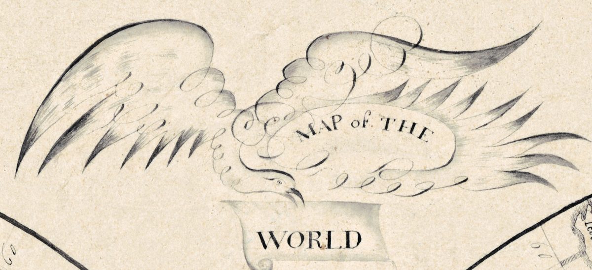 De titel, binnen de adelaar: MAP of THE in een ovaal tussen de gespreide vleugels, WORLD op een rol onder de snavel.