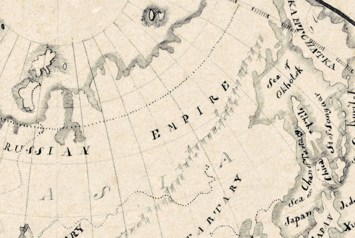 Reliëf weergegeven met schaduw: dwars door Azië lopen bergketens, getekend als rijen korte, beschaduwde streepjes, tussen RUSSIAN EMPIRE en TARTARY; rechts KAMTCHATKA en Sea of Okhotsk.