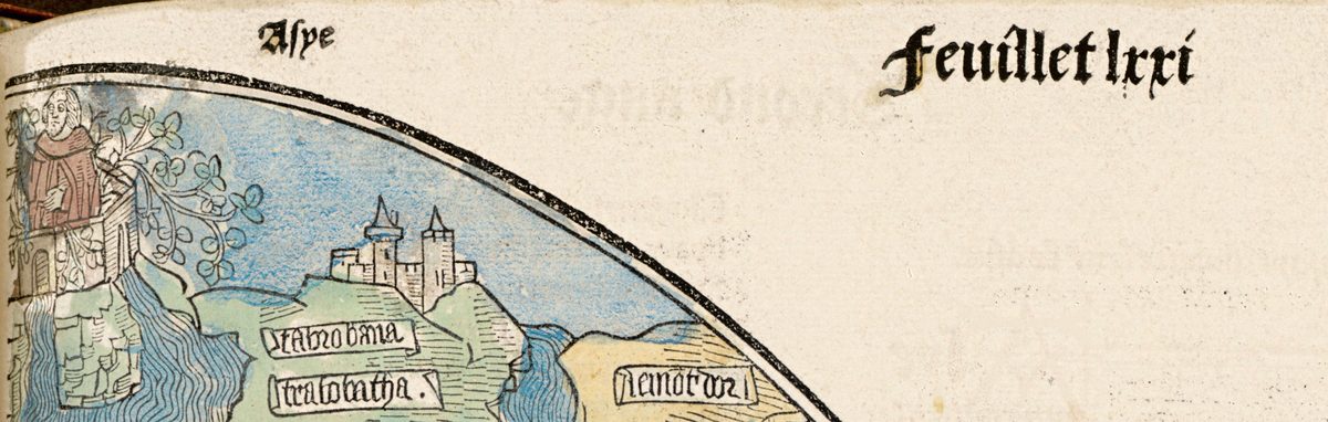 Boven aan de rechterpagina: de kopregel Feuillet lxxi – het blad dat de beschrijving van de bibliotheek noemt – en Asye boven de rand van de cirkel. De linkerpagina heeft de kopregel Second aage.