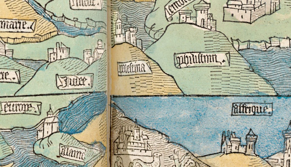 Het midden van de cirkel valt in de vouw van het boek, waar die de lijn kruist die Azië, boven, scheidt van Europa en Afrika, beneden. Net boven de lijn staan Iudee, op de linkerpagina, en Palestina, op de rechter; net eronder Europe en Affrique. De beschrijving van de bibliotheek noemt Judea en Palestina het middelpunt van de kaart.