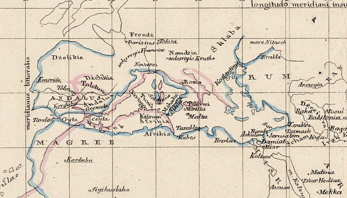 De Middellandse Zee op de kaart ARZAKHEL, op een gradennet met een blauwe en een roze kustlijn, en Toletum, Toledo, in ANDALUS.