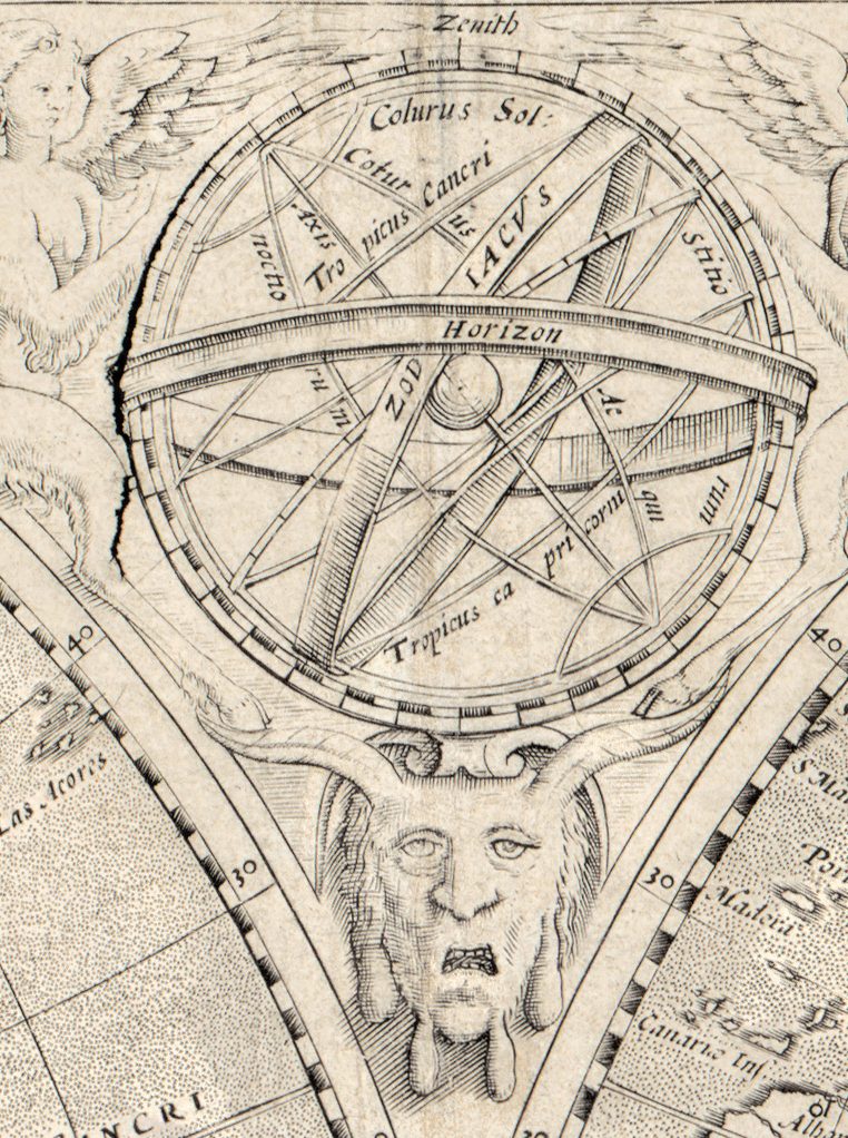 U góry pośrodku, między dwiema skrzydlatymi postaciami, sfera armilarna z napisami na obręczach Zenith, Horizon, Tropicus Cancri i ZODIACVS; od spodu podtrzymuje ją rogaty maskaron.