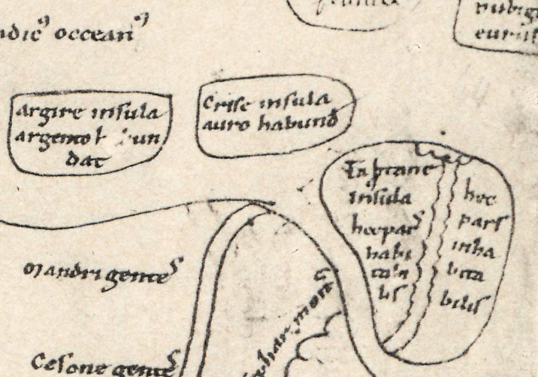 Wyspy Oceanu Indyjskiego: Argire insula, Crise insula auro habund i Taprane insula, rozdzielona na część zamieszkaną i hec pars inhabitabilis.