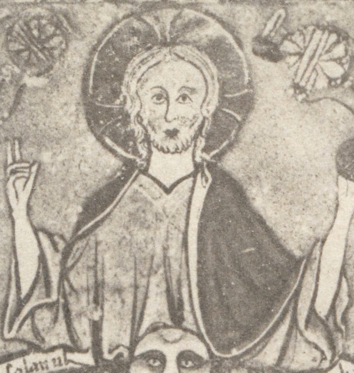 Christ blesses the world from above the rim, an orb in his hand, between two angels; Miller’s collotype shows the gold and color of the manuscript as tones of gray.