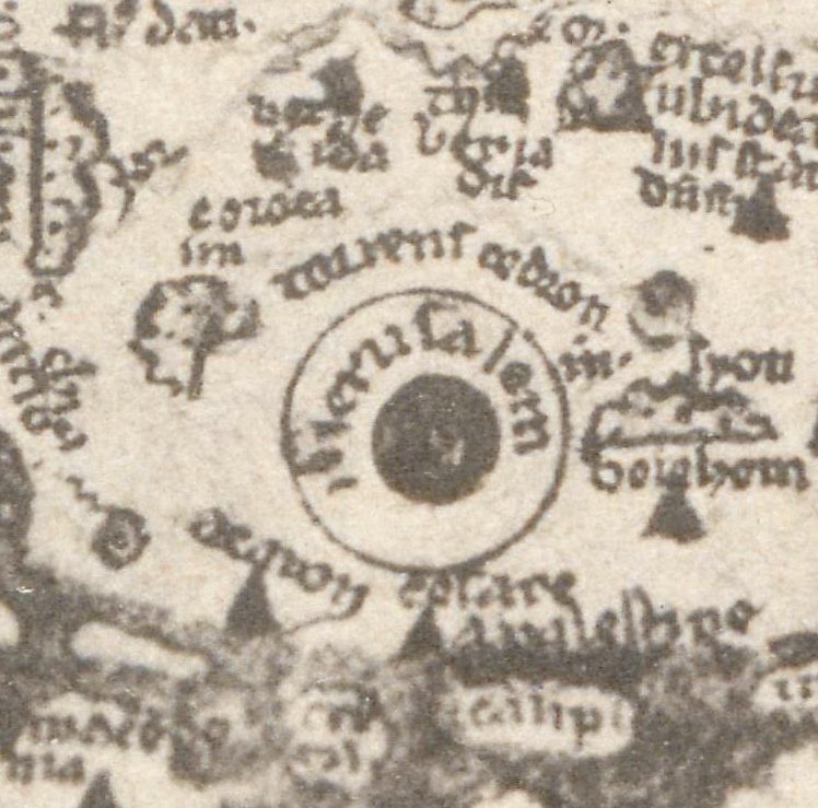 Jerusalem sits at the center of the Psalter map, written round a dark disc inside a double ring.