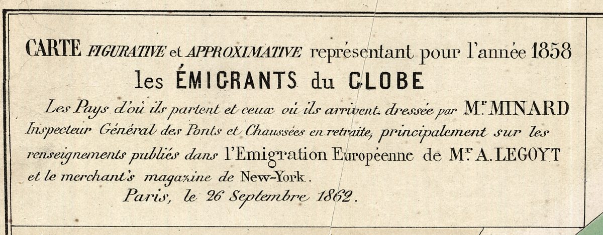 The title block: drawn up by Mr MINARD / Inspecteur Général des Ponts et Chaussées en retraite, from Legoyt’s Emigration Européenne and le merchant’s magazine de New-York, dated Paris, le 26 Septembre 1862.