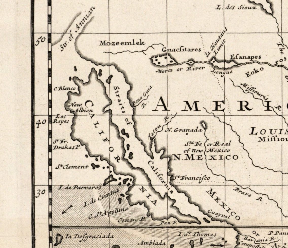 California as an island on Moll’s world map of 1706, with the band of the trade winds below