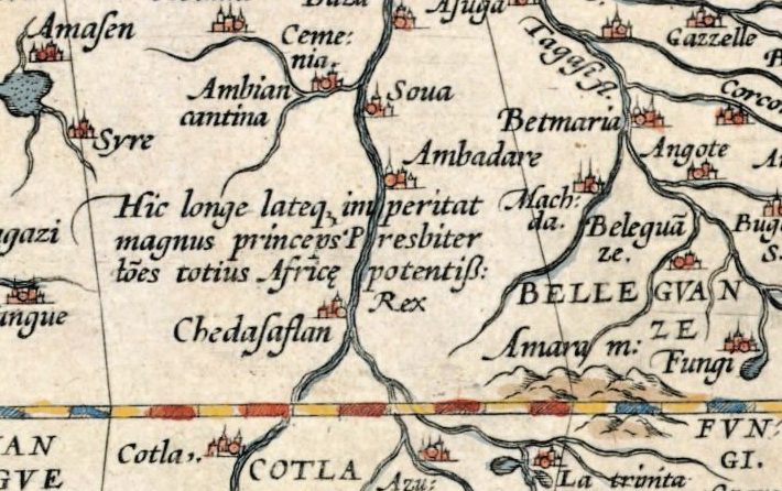 La nota sobre el Preste Juan en el mapa de África de Ortelius de 1570