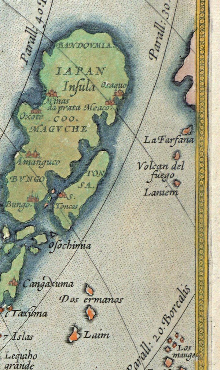 Japón dibujado como una sola isla grande, IAPAN Insula, en el mapa de Asia de Ortelius de 1570
