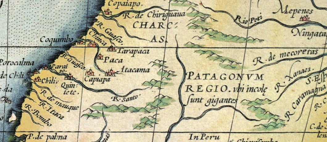 PATAGONVM REGIO, la tierra de los gigantes patagones, en el mapa de América de Ortelius de 1570