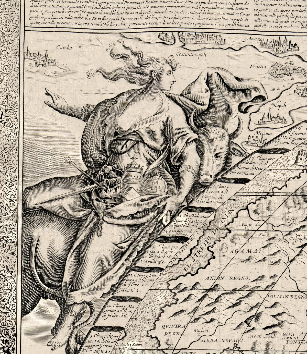 Europa cabalga un toro en el ángulo superior izquierdo, con coronas, una tiara papal, un orbe y una espada en el regazo, junto a las cintas de climas y el EL STRETTO DE ANIAN.
