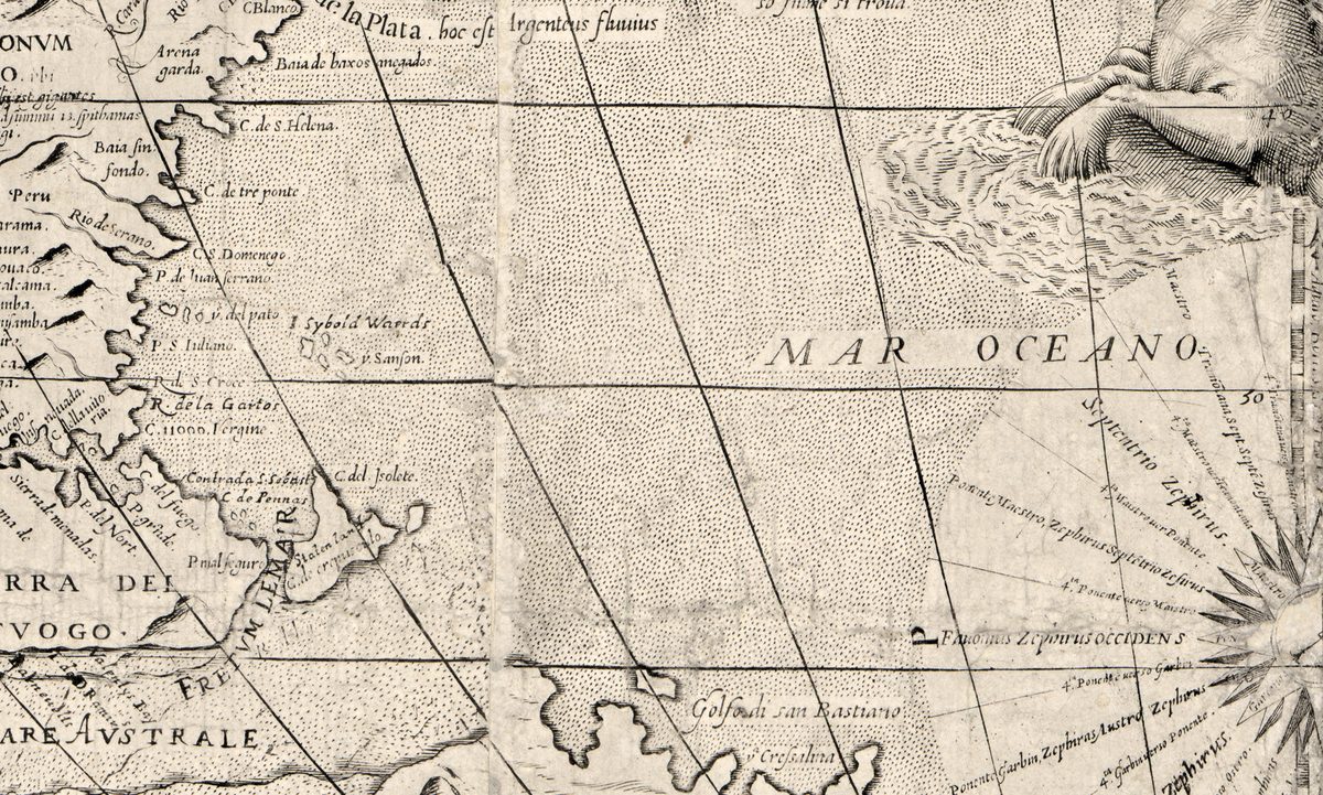 El extremo sur: TERRA DEL FVOGO, el FRETVM LEMAIR y Staten lan, las islas I. Sybold Waerds y la rosa de los vientos del MAR OCEANO AVSTRALE.