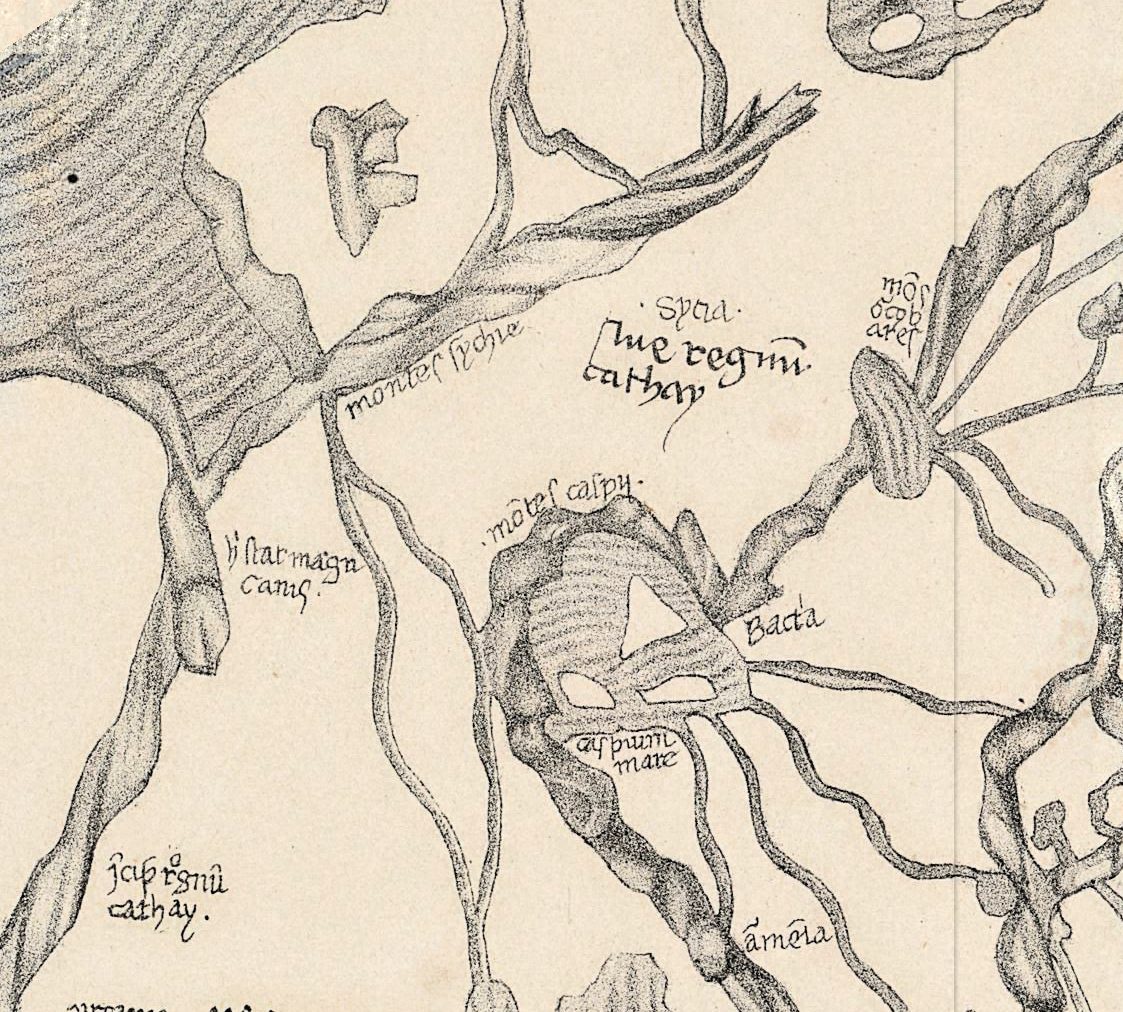 Północny wschód Azji: hic regnū cathay [tu jest królestwo Kataju] nad mōtes caspy i zamkniętym caspium mare, a po lewej, obok rzeki, h[ic] stat magn[us] canis [tu jest wielki chan].